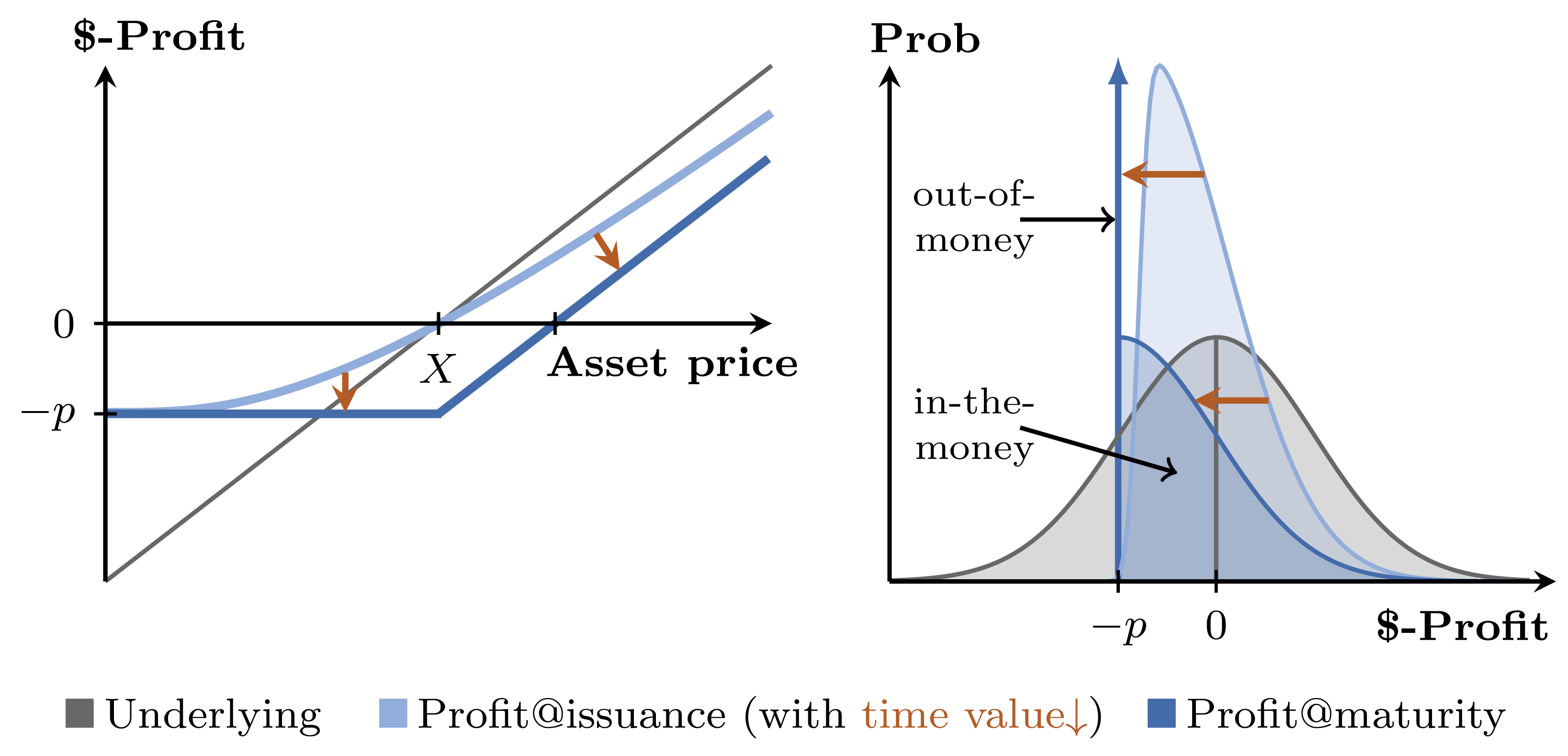 Profit and probability distribution of a call option at issuance and maturity